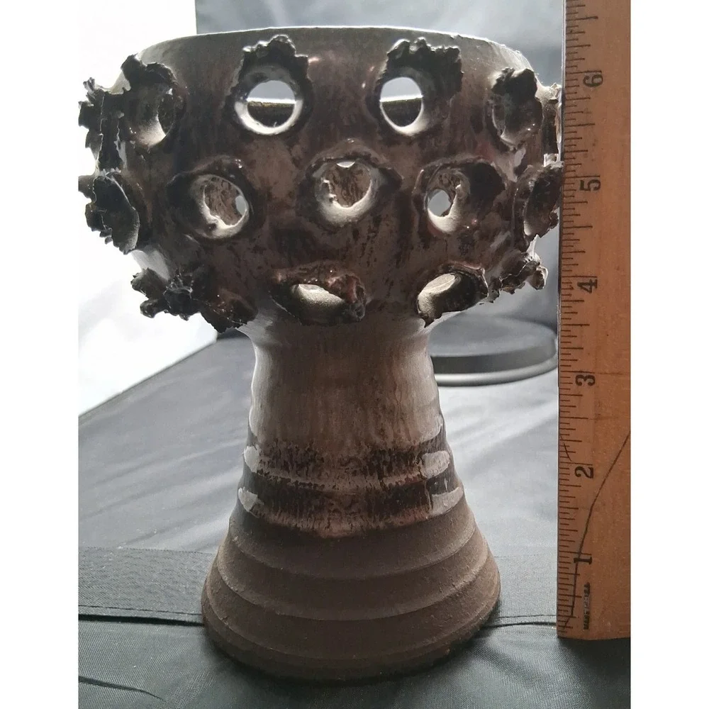 E. Glud Denmark studio pottery vase with textured, perforated rim/ ribbed base.